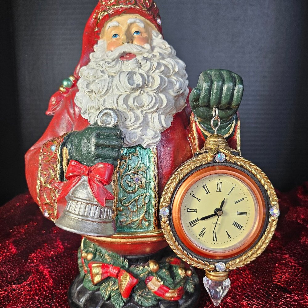 Old World Resin Santa Claus Figurine Holding Quartz Clock In His Hand And Bell